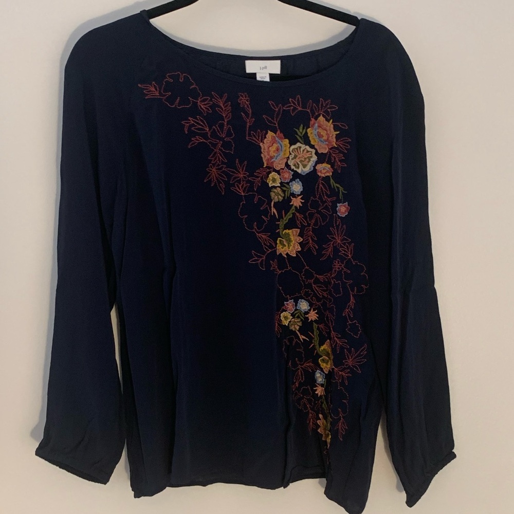 J.Jill Navy Blue Long Sleeve Floral Embroidered Blouse